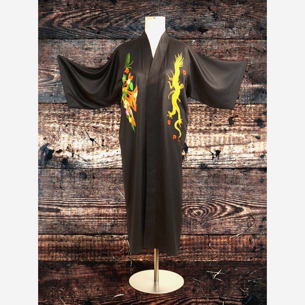 Vintage Chinese Black Satin Dragon Phoenix Embroidered Robe 1970s Kimono